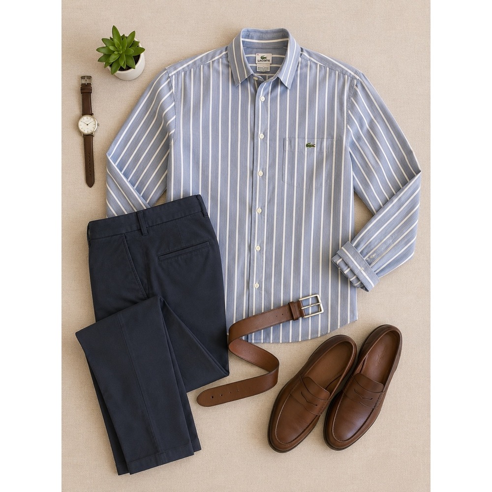Lacoste Men's Size 46 Blue & White Striped Alligator Logo L/S Button Down Shirt
